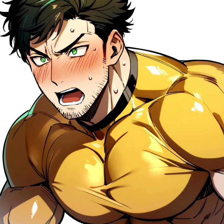 1muscular sportsman, male focus, Yellow and black tight T-shirt, muscular male, muscular, only, Upper body, alone, look to the side, short hair, stubble, black hair, green eyes, White background, simple background, amazing quality, best aesthetics, Ridiculous, short hair, bright pupils, open lips, Sweat, Awkward, blush, best quality, big pecs