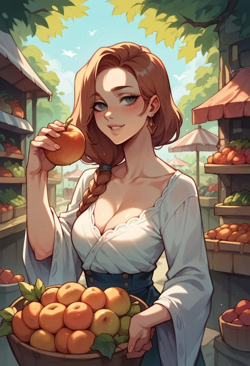 A beautiful girl is selling fruits and vegetables in the market.