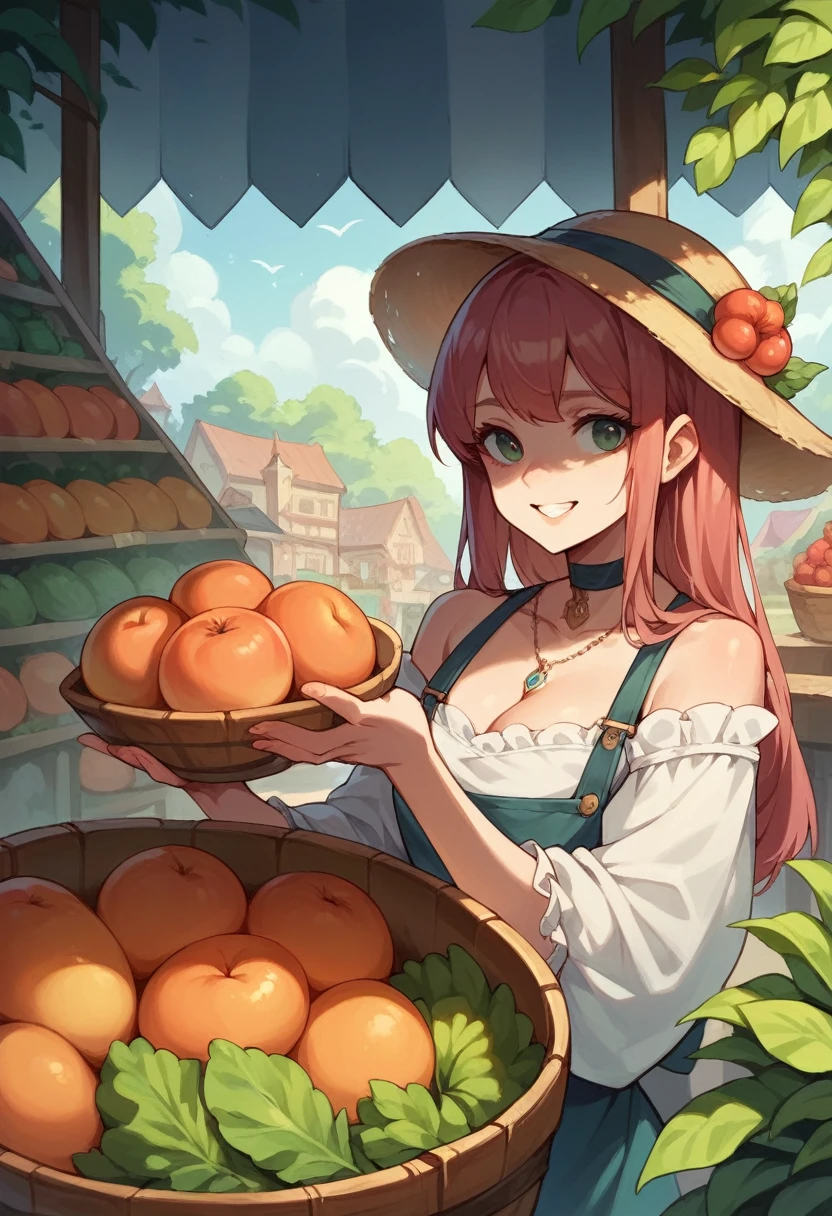 A beautiful girl is selling fruits and vegetables in the market.