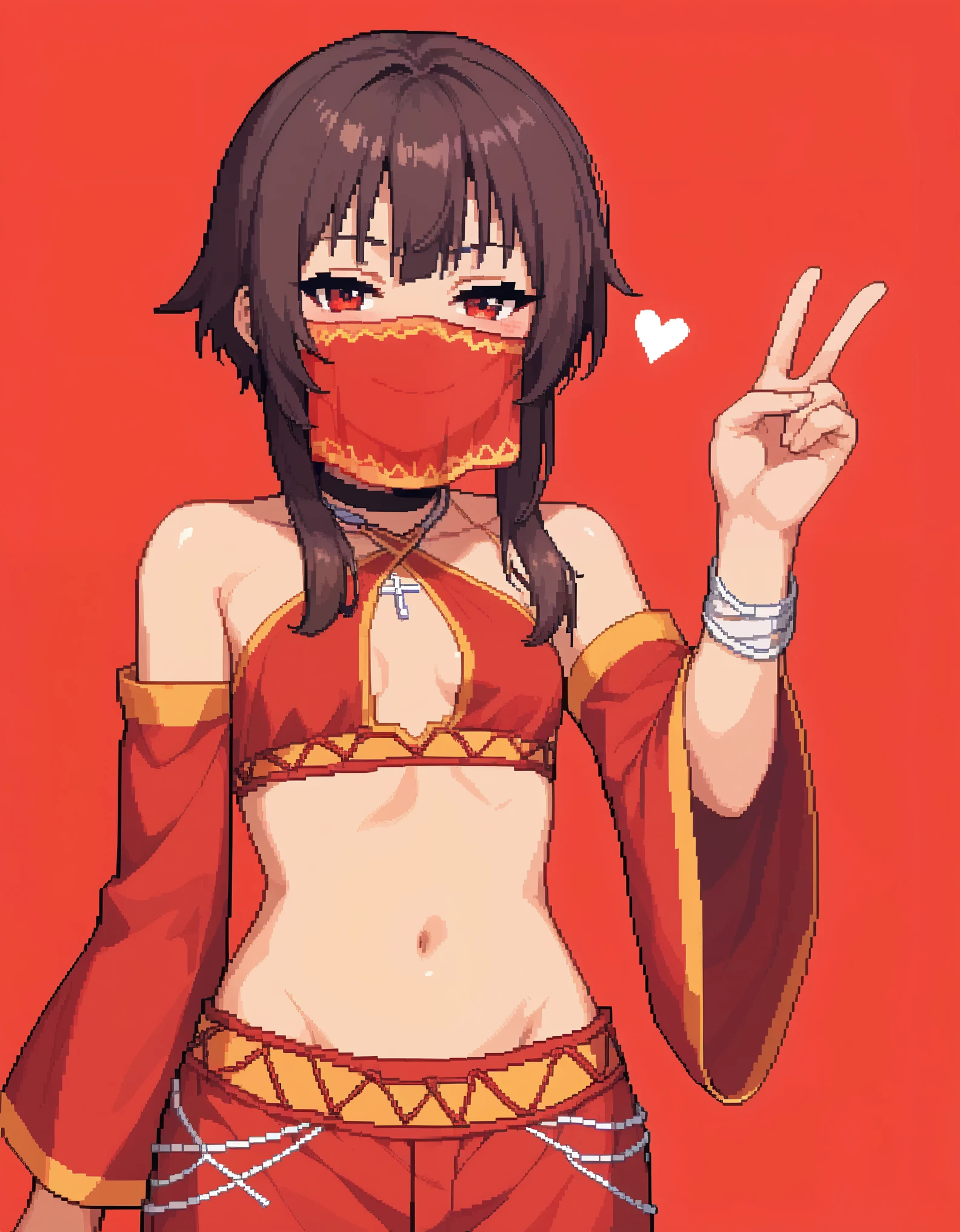 score_9, score_8_up, score_7_up, rating_safe, 1girl, solo, Pixel_Art,
kono subarashii sekai ni shukufuku wo!, megumin, red eyes, tsurime, brown hair, short hair, short hair with long locks, sidelocks, small breasts, revealing clothes, harem outfit, mouth veil, collarbone, halterneck, criss-cross halter, necklace, detached sleeves, bracelet, bare shoulders, navel, hip vent, harem pants, cowboy shot, v, hand up, looking at viewer, simple background, red background, heart background, blush, naughty face, smile, half-closed eyes