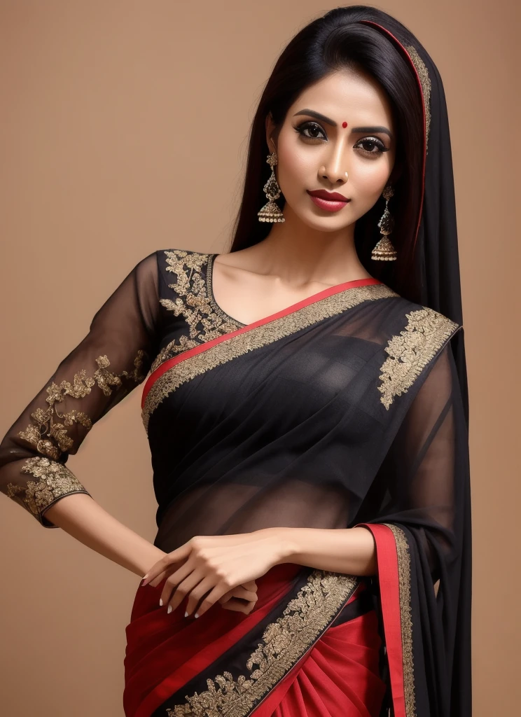 professional model shoot photo, 30yo milf girl look like Dhaka, Bangladesh(highly detailed:1.1), black (saree), perfect eyes, sharp focus, 8k high definition, insanely detailed, intricate, elegant, red backgroung