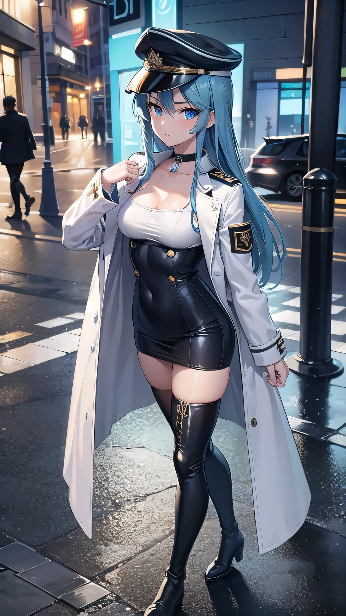 esdeath, esdeath, blue eyes, blue hair, long hair, (small breast:1.2),
BREAK boots, choker, cleavage, collarbone, hat, ice, military, military uniform, peaked cap, thigh boots, thighhighs, uniform,
BREAK looking at viewer, full body,long legs,milf,BREAK indoors,BREAK (masterpiece:1.2), best quality, high resolution, unity 8k wallpaper, (illustration:0.8), (beautiful detailed eyes:1.6), extremely detailed face, perfect lighting, extremely detailed CG, (perfect hands, perfect anatomy),city,street,night,wet road,reflections,lights