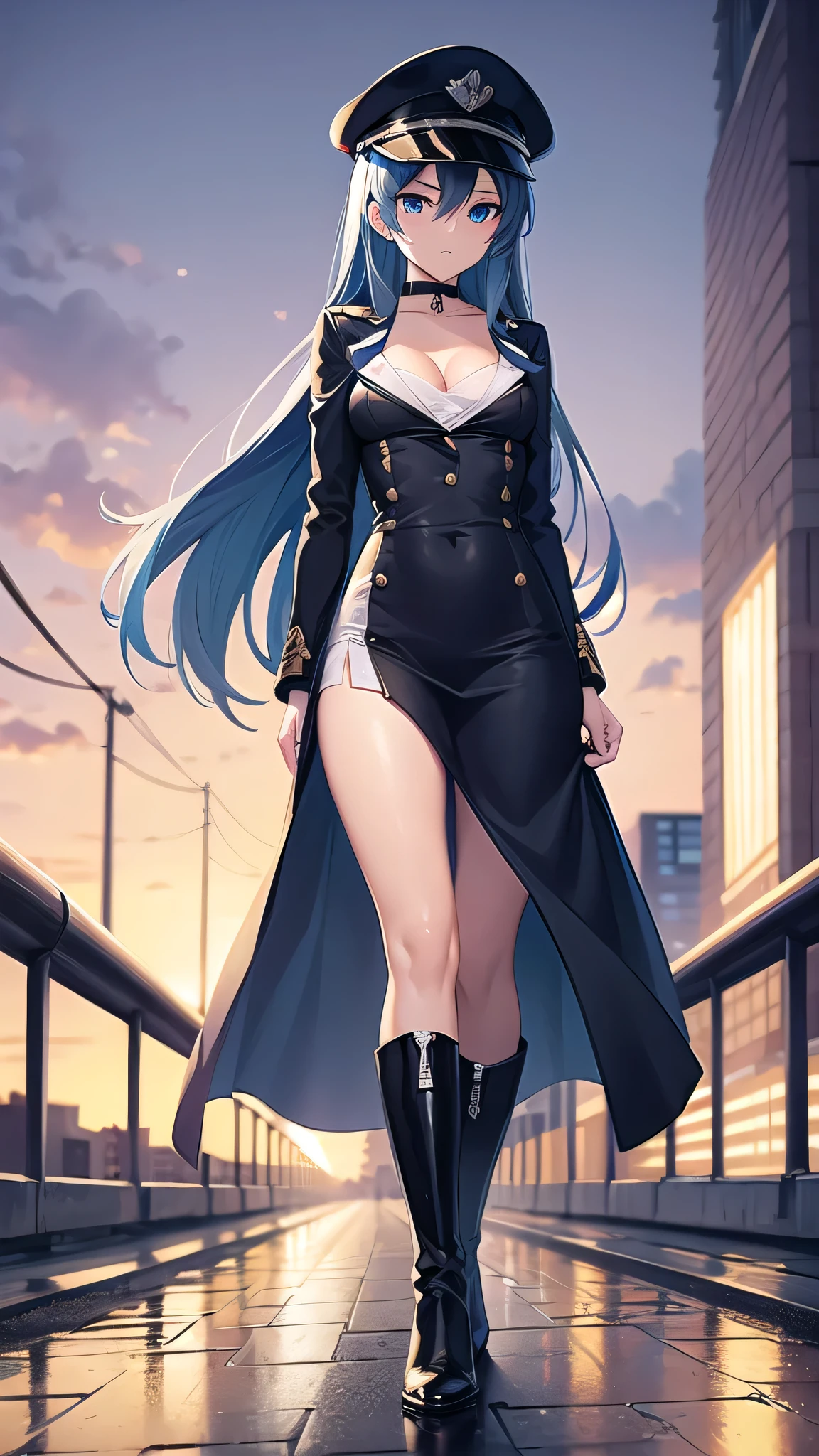 esdeath, esdeath, blue eyes, blue hair, long hair, (small breast:1.2),
BREAK boots, choker, cleavage, collarbone, hat, ice, military,white military uniform, peaked cap, thigh boots, thighhighs, uniform,
BREAK looking at viewer, full body,long legs,milf,35 years old,arrogant face,BREAK indoors,BREAK (masterpiece:1.2), best quality, high resolution, unity 8k wallpaper, (illustration:0.8), (beautiful detailed eyes:1.6), extremely detailed face, perfect lighting, extremely detailed CG, (perfect hands, perfect anatomy),city,street,night,wet road,reflections,lights, sit with cross legs.