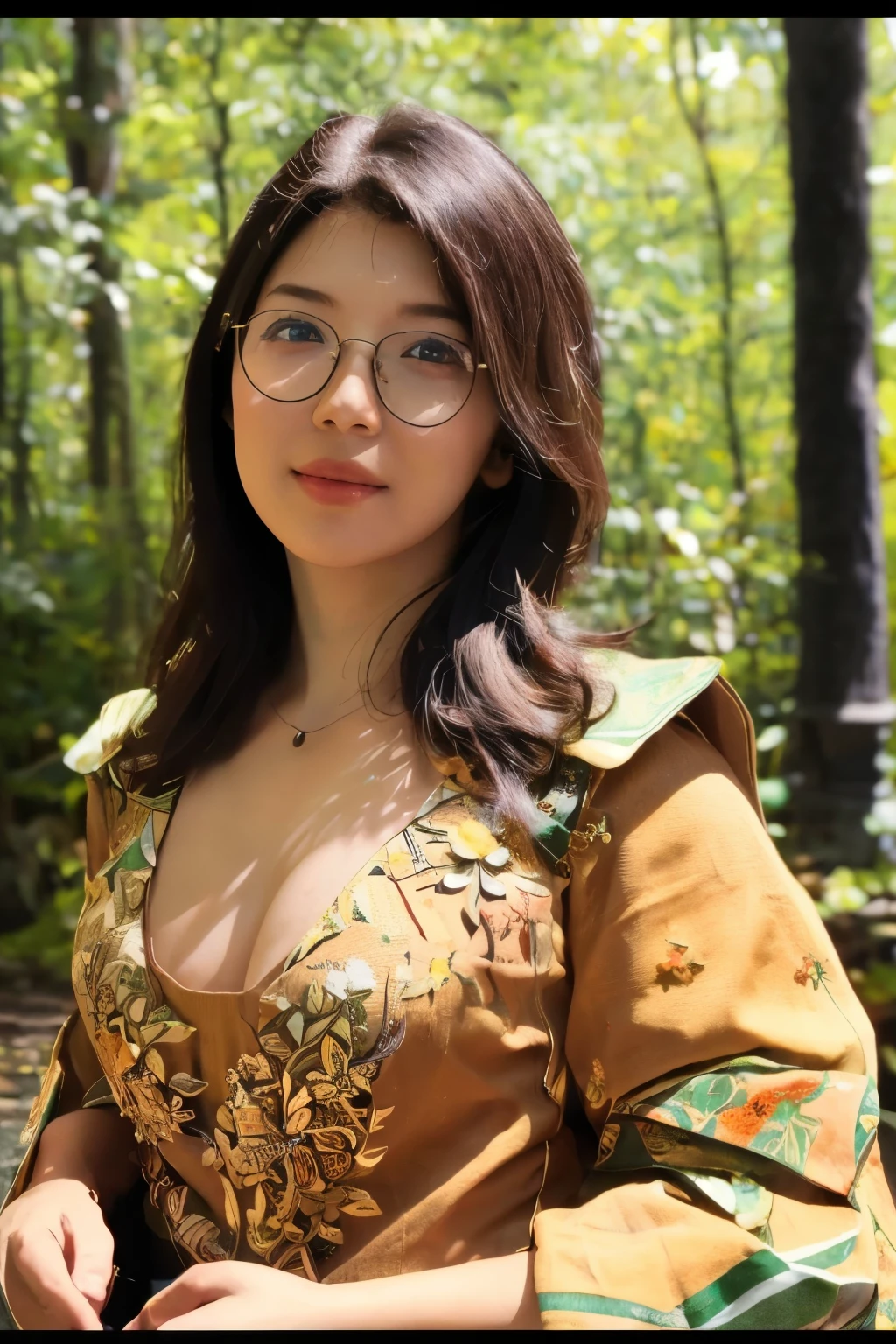 (best quality, masterpiece, detailed, realistic, photo-realistic, 35mm film, HDR, 4k, sharp focus, 8mm film grain, Highres:1.3), full body, Indonesian, 1girl, focusing on camera, leaning, cleavage, detailed masculine, realistic body, detailed eyes, detailed face, ultra high details, masterpiece , perfect eyes, outdoors,forest, light,