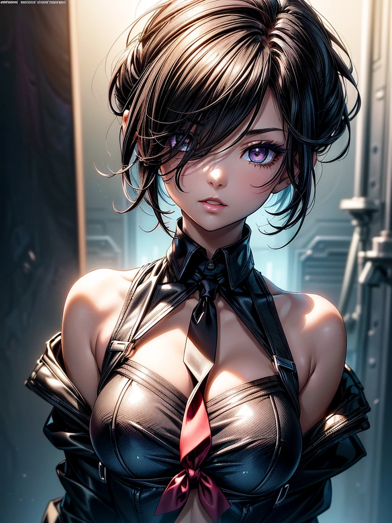 (masterpiece)(8k)(cute)(25-year old woman)(from above:1.3)(1girl:1.5)(solo:1.8)(wild hair:1.3)(short hair:1.3)(black brown hair)(shiny hair:1.2)(hair over one eye:1.5)(hairbun:1.2)(small breasts:1.5)(flat chest:1.5)(black pupils:1.4)(glossy skin:1.4)(glossy lips)(dark, glossy eye-shadow:1.6)(dark eyelashes:1.4)(white office shirt:1.4)(long black necktie:1.4)(piercing:1.2)(serious expression:1.3)(clipboard:1.3) rossdraws pastel vibrant, rossdraws cartoon vibrant, style anime 8k, beautiful portrait, artgerm colorful!!!, ! dream artgerm, beautiful anime girl, styled digital art, art wallpaper 8k, digital art, extremely detailed artgerm,