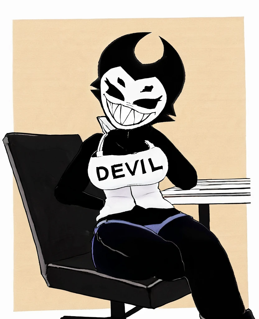 (best quality, masterpiece1.2), 1girl, solo, antro, cally3d, (black body), ink black body, at a coffee shop, sitting at computer, side view, in chair, facing computer, (ink darling), black hair, horns, black horns, sharp teeth, tank top, (jean shorts), woman, black eyes, (no pupils), white face, sexy, detailed, extreme detail, perfect lighting, 4k, closed mouth, devil tail, surprised expression,