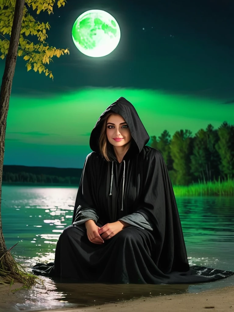 grandfather in a black cloak and black hood, grandfather sits on the shore of the lake, looks at a beautiful woman, a woman with green eyes stands waist-deep in water, in a white gauze cape. Woman smiling sinisterly,She stands facing her grandfather.night,dark,moon, darkness
