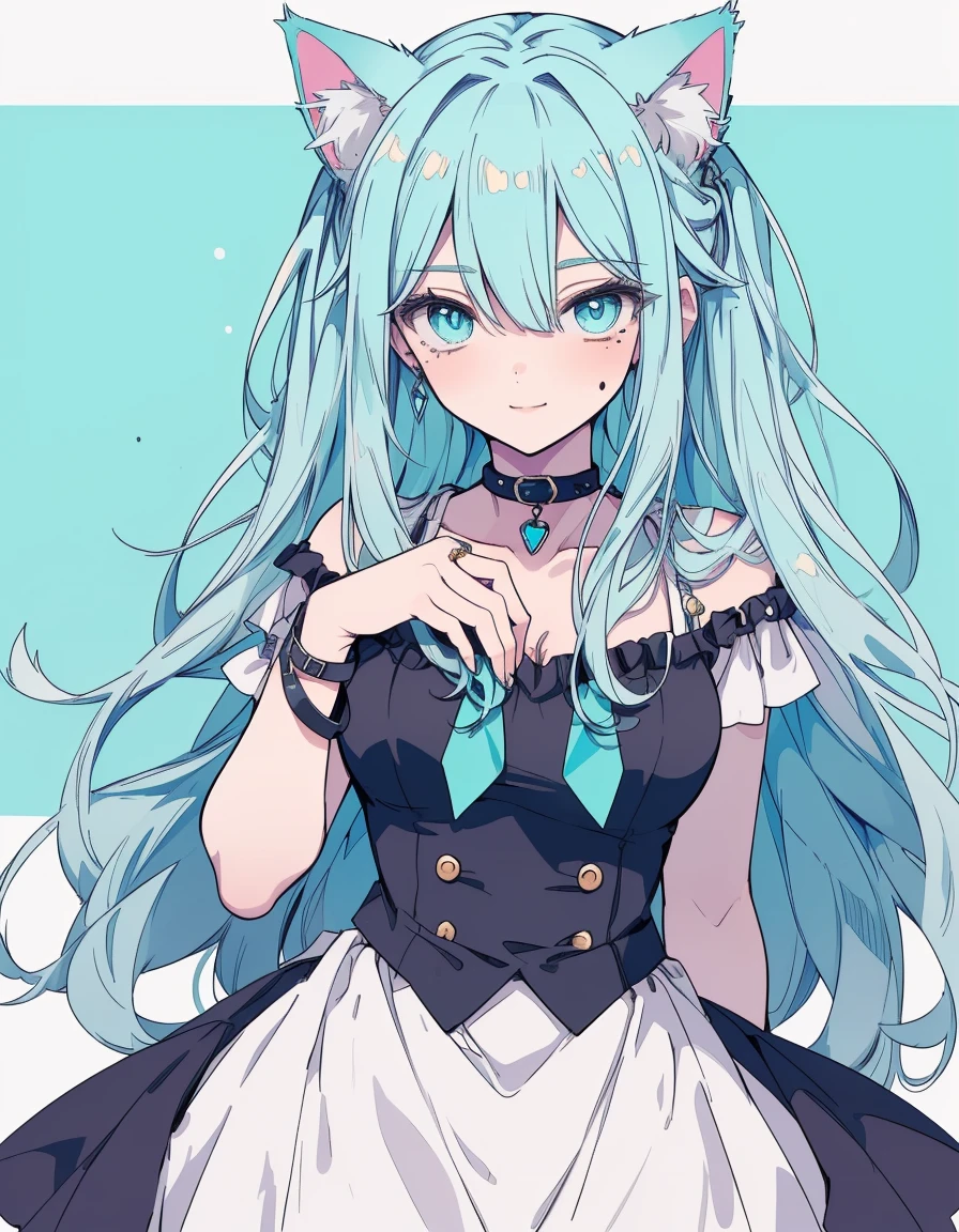 furrowed brow, mole under eye, light smile, full body, ((masterpiece, best quality:1.5)), ((Beautiful detailed cat aqua eyes:1.2)), cat ears, pale skin, medium breasts, beautiful hands, beautiful fingers, EasyNegative