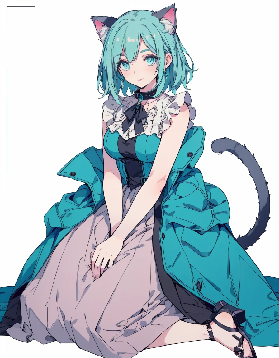 furrowed brow, mole under eye, light smile, full body, ((masterpiece, best quality:1.5)), ((Beautiful detailed cat aqua eyes:1.2)), cat ears, pale skin, medium breasts, beautiful hands, beautiful fingers, EasyNegative