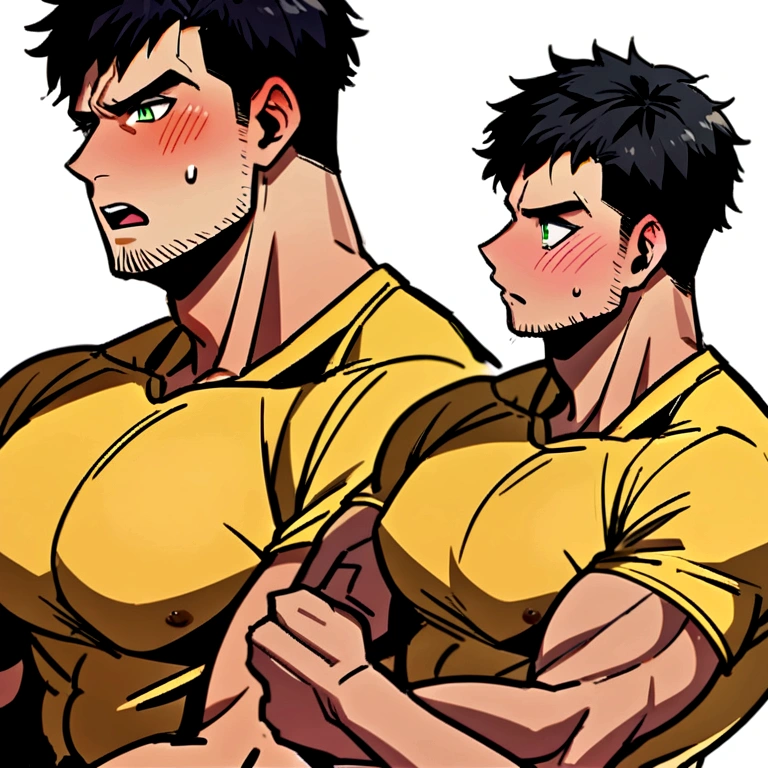 muscular male, bara, male focus, Yellow and black tight T-shirt, red shorts, huge pecs, muscular male, muscular, pectorals, white hands grab his chest, are oversized, alone, look to the side, short hair, stubble, black hair, green eyes, White background, simple background, amazing quality, best aesthetics, Ridiculous, short hair, bright pupils, open lips, Sweat, Awkward, blush, best quality