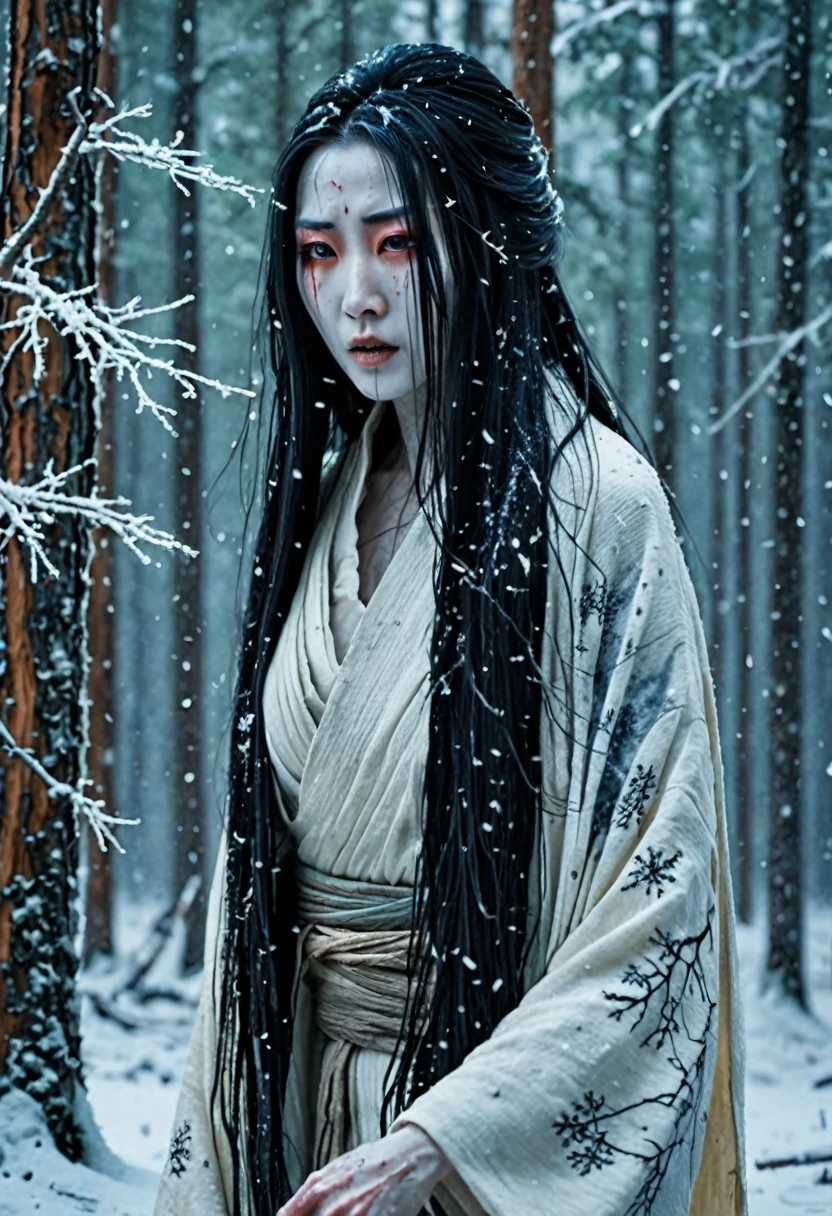 Create a realistic and haunting image of Yuki-onna, the snow woman from Japanese folklore. She should appear as a beautiful yet terrifying figure with long, flowing black hair and a pale, almost translucent complexion. Her eyes should be cold and piercing, giving off an eerie glow. Dress her in a tattered, ancient white kimono, slightly covered in frost. The background should be a dark, snowy forest with tall, shadowy pine trees and a thick blanket of snow. Snowflakes should be falling around her, adding to the chilling atmosphere. The overall scene should evoke a sense of dread and supernatural menace.