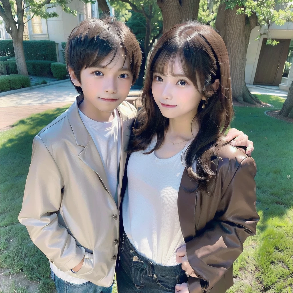 Highest quality,masterpiece,Ultra-high resolution,Perfect Anatomy,(truth:1.4),RAW Photos,smile,Children of short-haired boys,Woman with long hair and 2 boy with short hair,a woman and small boy, Mom and short-haired son,Gorgeous Mother And Smiley Boy,(Big tree々Parks and)(((Big treeの後ろに隠れている母)))、(hide and seek)Cowboy Shot,Cinema Lighting,Fashion model parents,Adorable,, (Browsing Caution:1.2)、(Black-haired baby loo for his mother)、(Long-haired mom and short-haired son)、(A mother in a skin-colored jacket and her son in a dark brown jacket