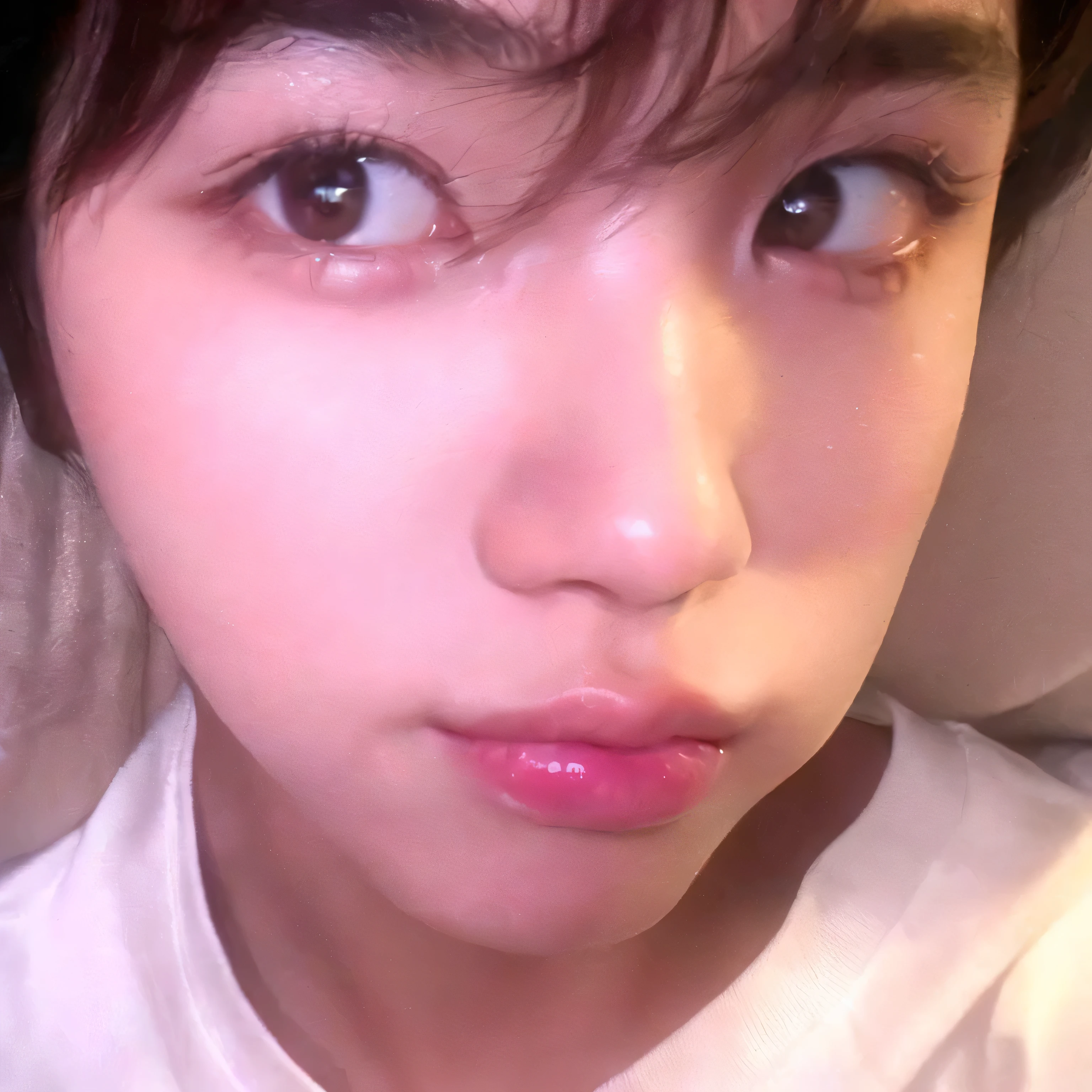 there is a woman with a white shirt and a pink lipstick, jimin\'s plump lips, jimin\'s right eyelid swollen, jimin\'s grecian nose, kim doyoung, sun yunjoo, wan adorable korean face, taejune kim, perfect face and boy, jimin, accurate jimin face, jinyoung shin, bedroom eyes, park jimin