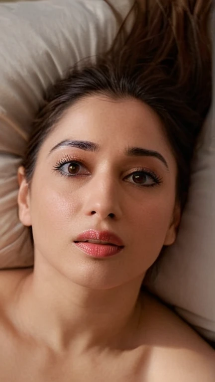 Top down view, nude woman in bed, looking up at viewer while he is fucking her, sexy expressions, moaning in pleasure,  sweat,no make up, nude, ready for orgasm, half body seen, just tired after fucking, highly detailed face, ((tamhwx woman)), beautiful eyes, vignette, 4k epic detailed, shot on kodak, 35mm photo, no focus, high budget, epic, gorgeous, film grain, grainy, (Raw photo:1.1), ((Full body Portrait)),free shaggy messy dense hair, ((tamhwx woman)) , (white, Minimalism but extremely beautiful:1.4), (intricate details, masterpiece, best quality:1.4) , looking at viewer, outdoors, day, highly detailed face, ((tamhwx woman)), beautiful black eyes, cute