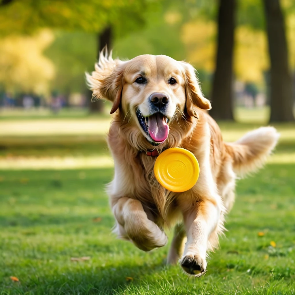 masterpiece, ultra realistic, UHD, 4k, a picture of a golden retriever with a frisbee in his mouth, in a park. sharp focus, blurred background