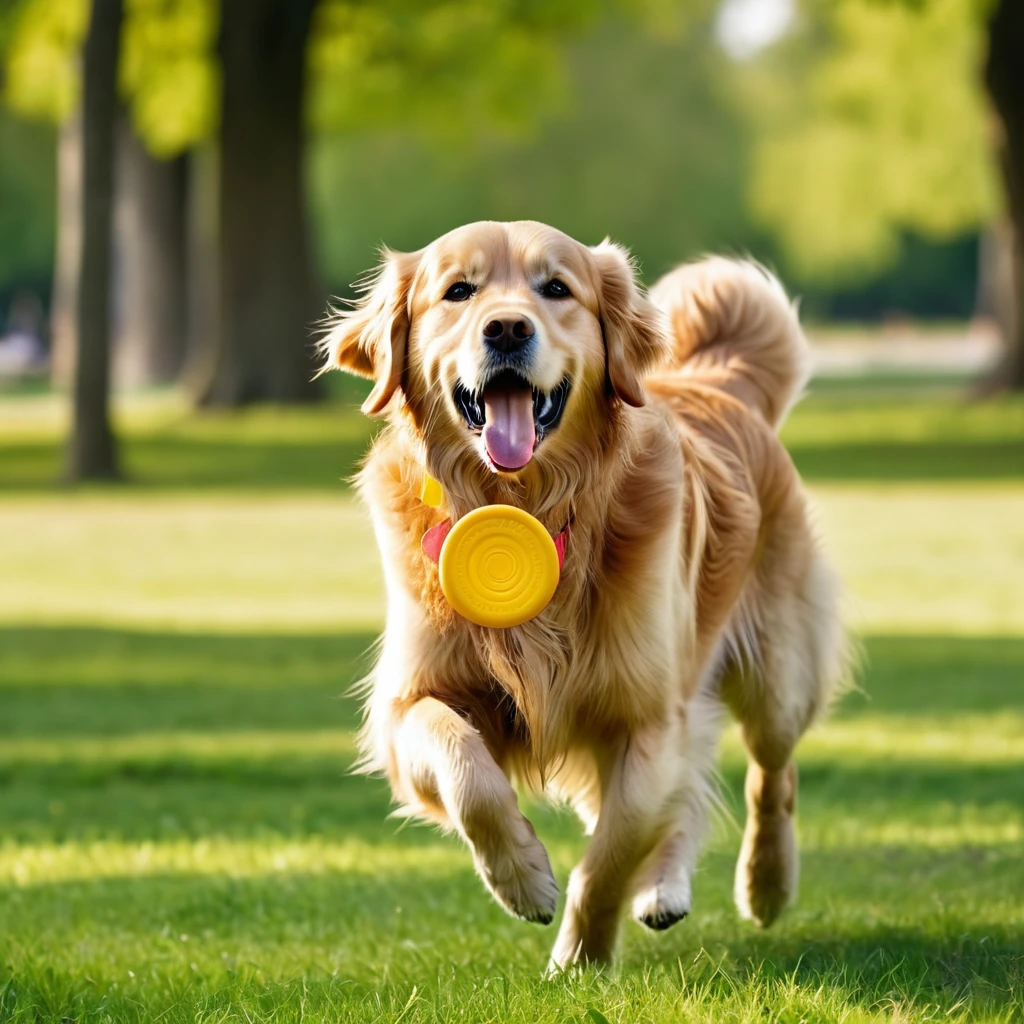 masterpiece, ultra realistic, UHD, 4k, a picture of a golden retriever with a frisbee in his mouth, in a park. sharp focus, blurred background
