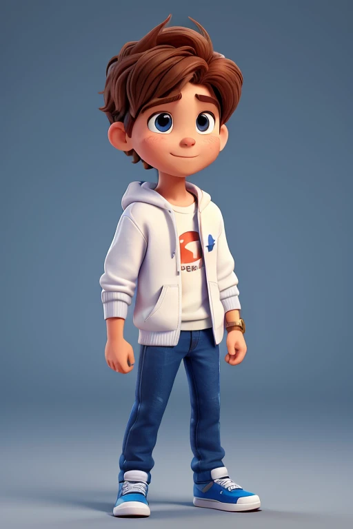He is a superhero with an air of determination and kindness. Her reddish-brown hair falls in soft waves across her forehead., complementing your expressive face. Your eyes shine with a mixture of curiosity and courage, and he often has a confident smile on his face.
He wears a comfortable dark blue sweatshirt, that contrasts with the tone of your hair, and which is decorated with a small superhero emblem on the chest. Underneath the hoodie, there is a simple white t-shirt. His pants are light blue jeans, comfortable and practical for your adventures.
on the feet, he wears white sports sneakers with blue details, matching your casual ensemble. The sneakers are practical and robust enough to accompany you on your heroic missions.
This superhero boy is charming not just because of his clothes and style, but also for your positive attitude and willingness to help others, making him an example of bravery and kindness.