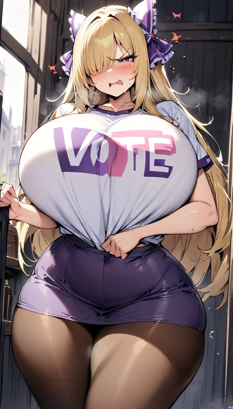 ((Best Quality)), ((Masterpiece)), (detailed), 1 girl, Pastel yellow hair, long hair, hair covers one eye, purple eyes, big breasts, big thighs, angry expression, pouting, white vote t-shirt, purple skirt, brown pantyhose