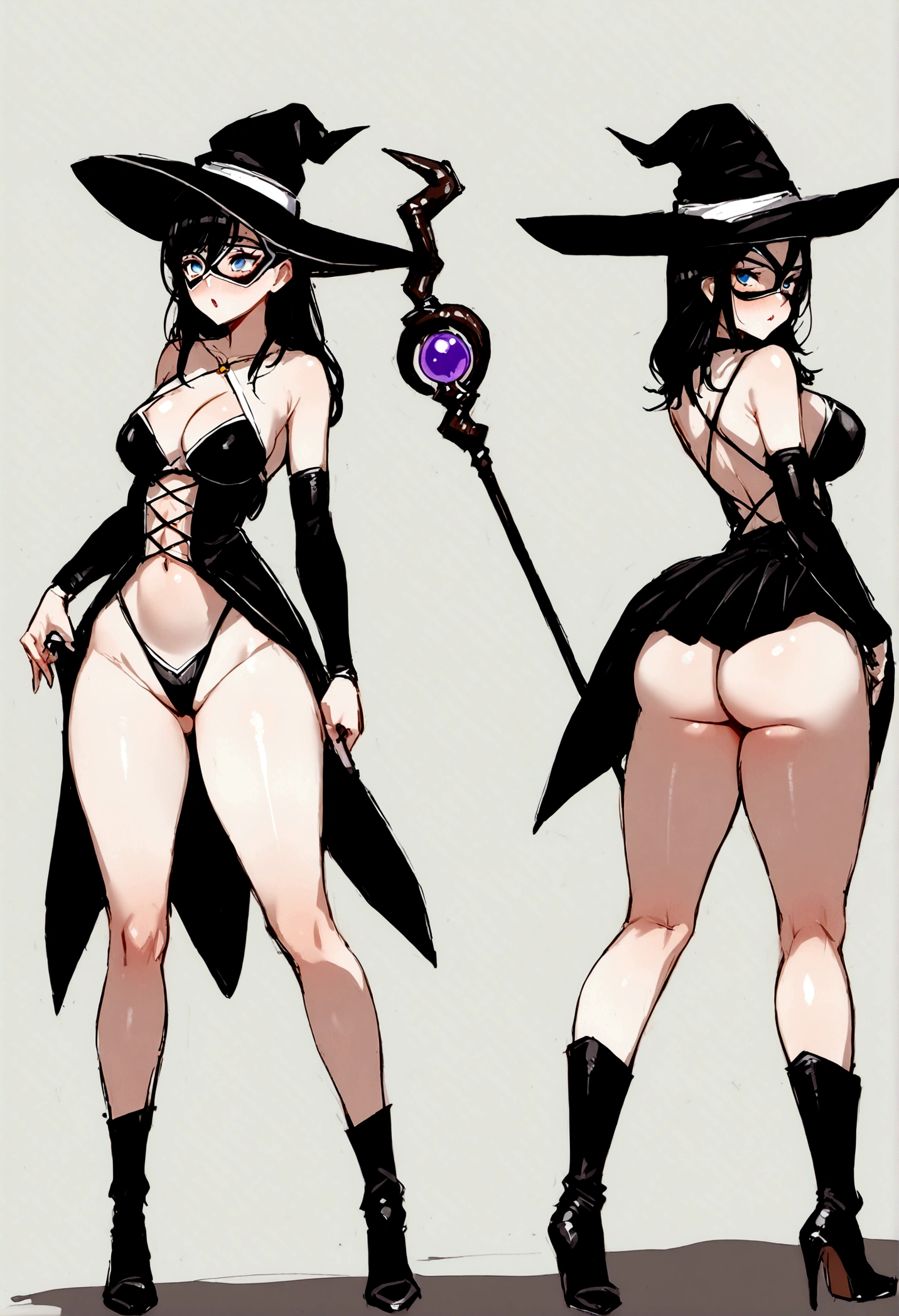 (masterpiece), best quality, expressive eyes, perfect face, olive skin, (((skimpy witch costume))), sexy, huge natural , huge ass, full body, jewelry, high heels, sexy, beautiful, long black hair, blue eyes, full body, aroused, lustful look, horny, (sadistic), (((domino mask))), (((sentai villain))), black witch hat, ((((1girl)))), standing pose, witch's staff