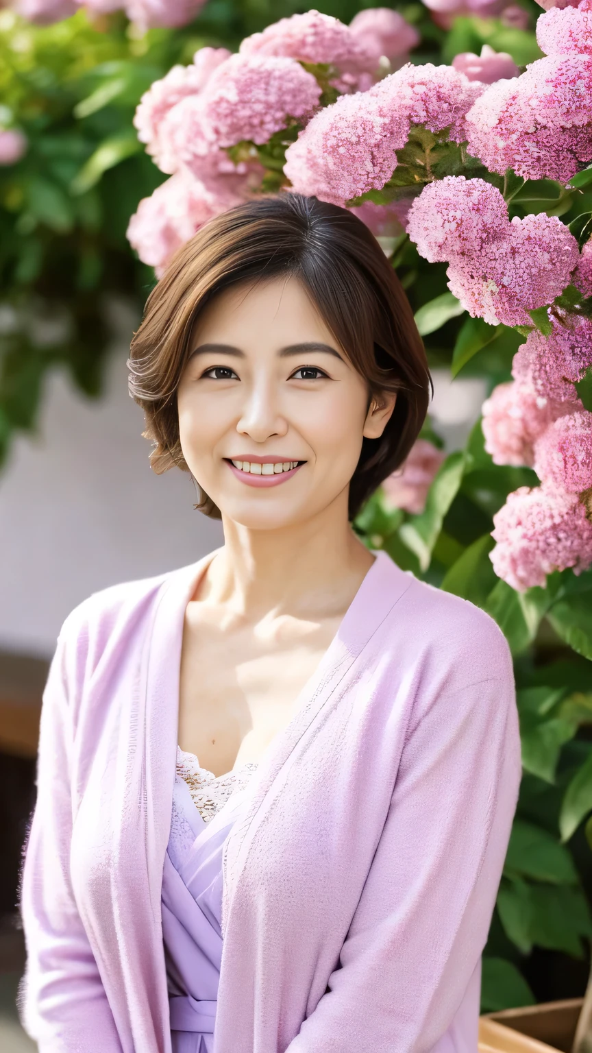 born, Highest quality, High resolution, (masterpiece: 1.3), Body Shot, Cute Japanese women, masterpiece, Curved body, Big Breasts, Cute face, Light Skin, Fair skin, Cute eyes, Elegant smile, Light makeup, stand in front of a flower shop, Feminine gestures, Elegant expression, Viewers facing towards each other, Focus on your audience, Wearing a white dress, Pretty dress, Wearing a lilac cardigan, Perfect cardigan, CuteBeautiful pastel colors, Beautiful pastel colors, at noon, Great lighting, Great sunlight, Bright colors, Ultra-realistic clean lines, Very realistic、Japanese、45 years old、A sparkling smile、E cup breasts、Hide your fingers、Emphasize the chest、Cleavage、Disheveled clothing