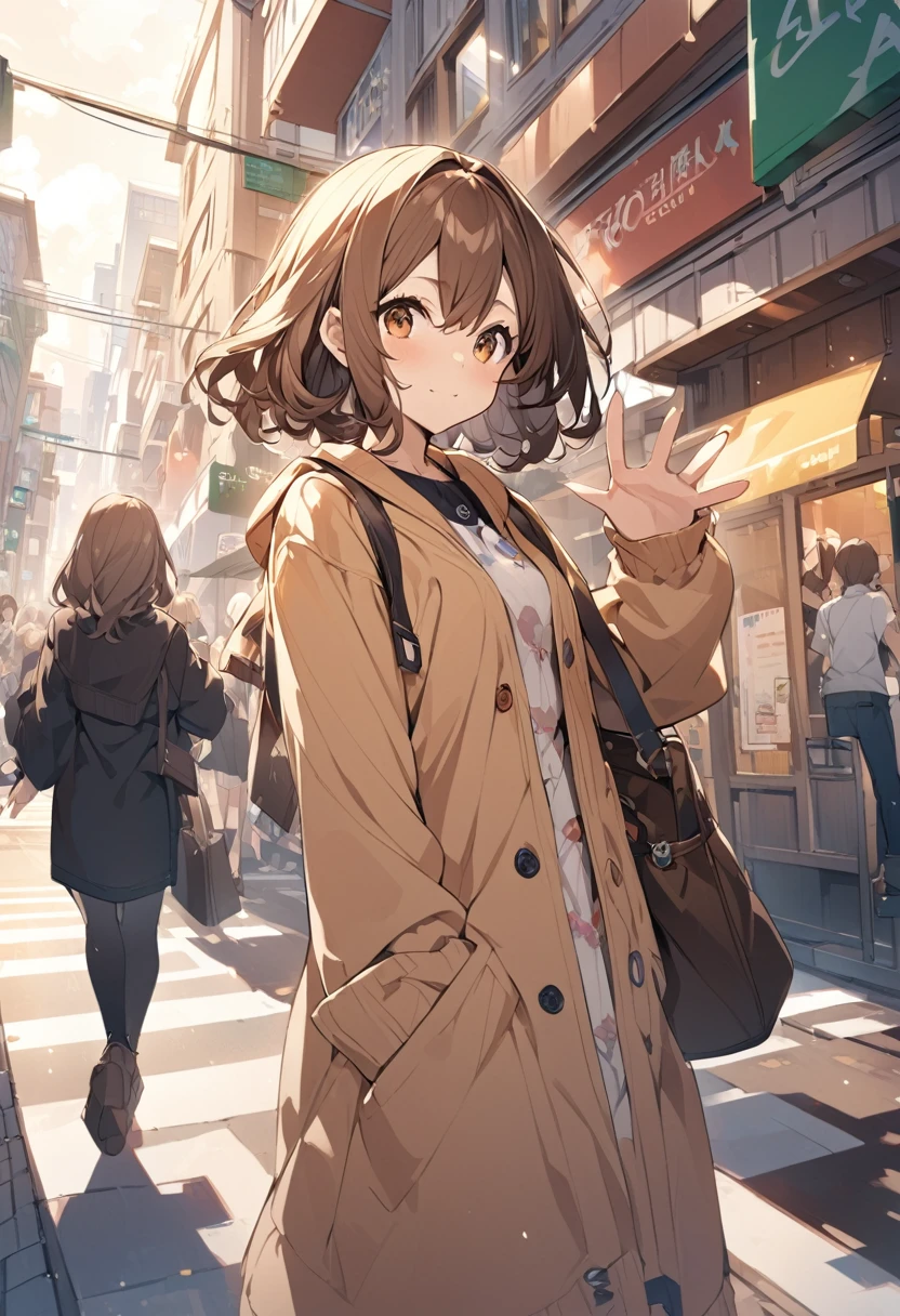 (Highest quality:0.8) Perfect anime illustration, cute, A girl with wavy brown hair waving at an intersection on a city street。