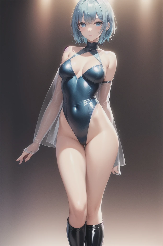 1girl,solo,full body,standing,(pastel blue hair:1.2),short hair,(blue eyes:1.2),(beautiful fingers:1.2),(perfect anatomy:1.4),(arm_behind_back:1.4),(cold_shoulder:1.2),BREAK,(blue leather lace glossy silk lamé leotard:1.4),(latex luster shiny glossy metallic:1.4),(shiny_clothes:1.4),(white Clear PVC sheets sleeves:1.4),(sheer sleeves:1.4),(see-through sleeves:1.4),(wide sleeves:1.2),(gloss on lips:1.4),closed mouth,medium breasts,masterpiece,best quality,(Ultra high definition eyes:1.2),8k,(Beautiful detailed eyes:1.2),(Fine and beautiful eyes:1.2),(pretty eyes:1.2),finely detail,extremely CG, absurdres,high resolution,illustration,Detailed and beautiful outlines,finely detail,high resolution,(colorful refraction:1.4,Increase saturation:1.2),beautiful lighting,dynamic lighting,closed room,black background,simple background, smile,looking at viewer,(pastel blue thigh boots),