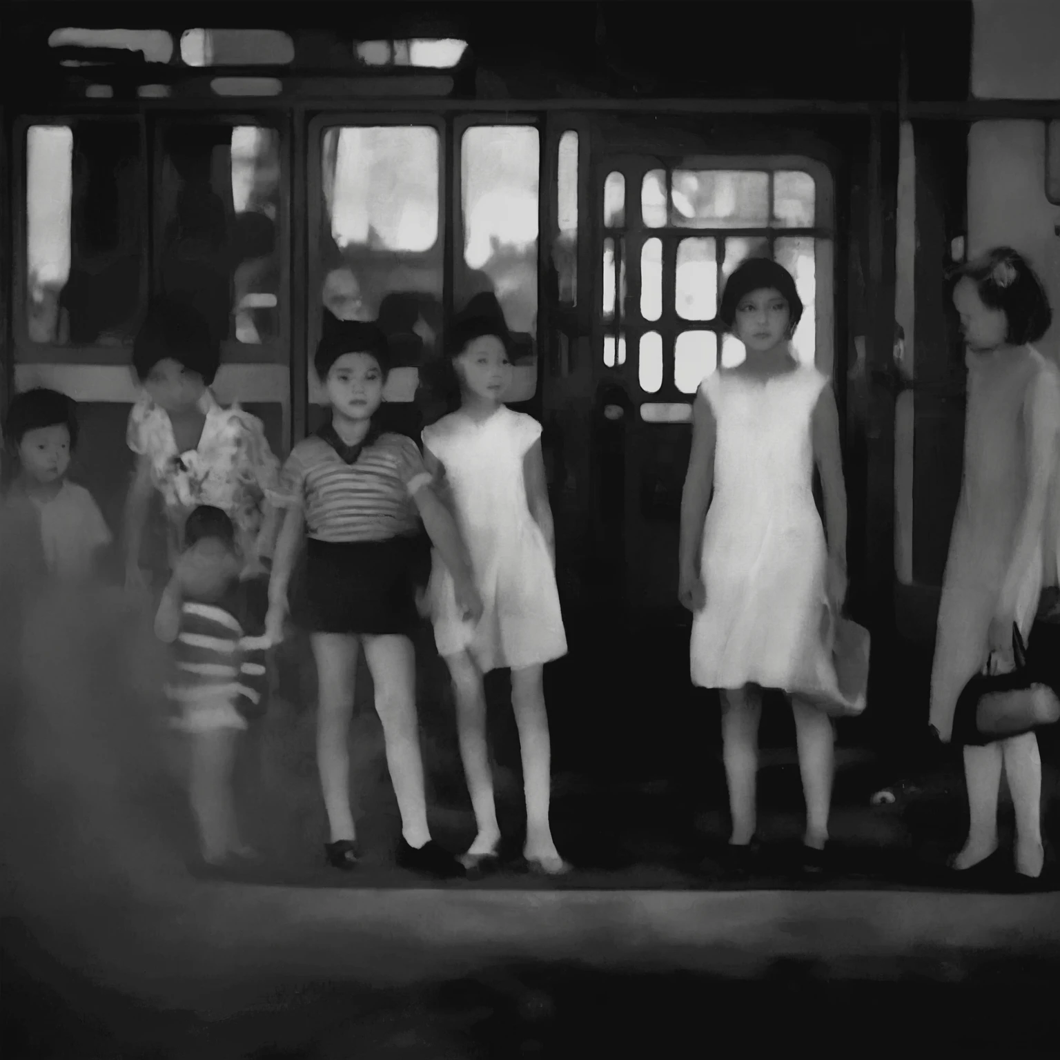 there are many people standing in front of a bus waiting, inspired by Diane Arbus, grainy black and white footage, inspired by Sergio Larraín, inspired by Roy DeCarava, vintage footage on tokyo streets, inspired by Ruth Orkin, grainy vintage, children born as ghosts, inspired by Garry Winogrand, ghost children, by Albert Welti