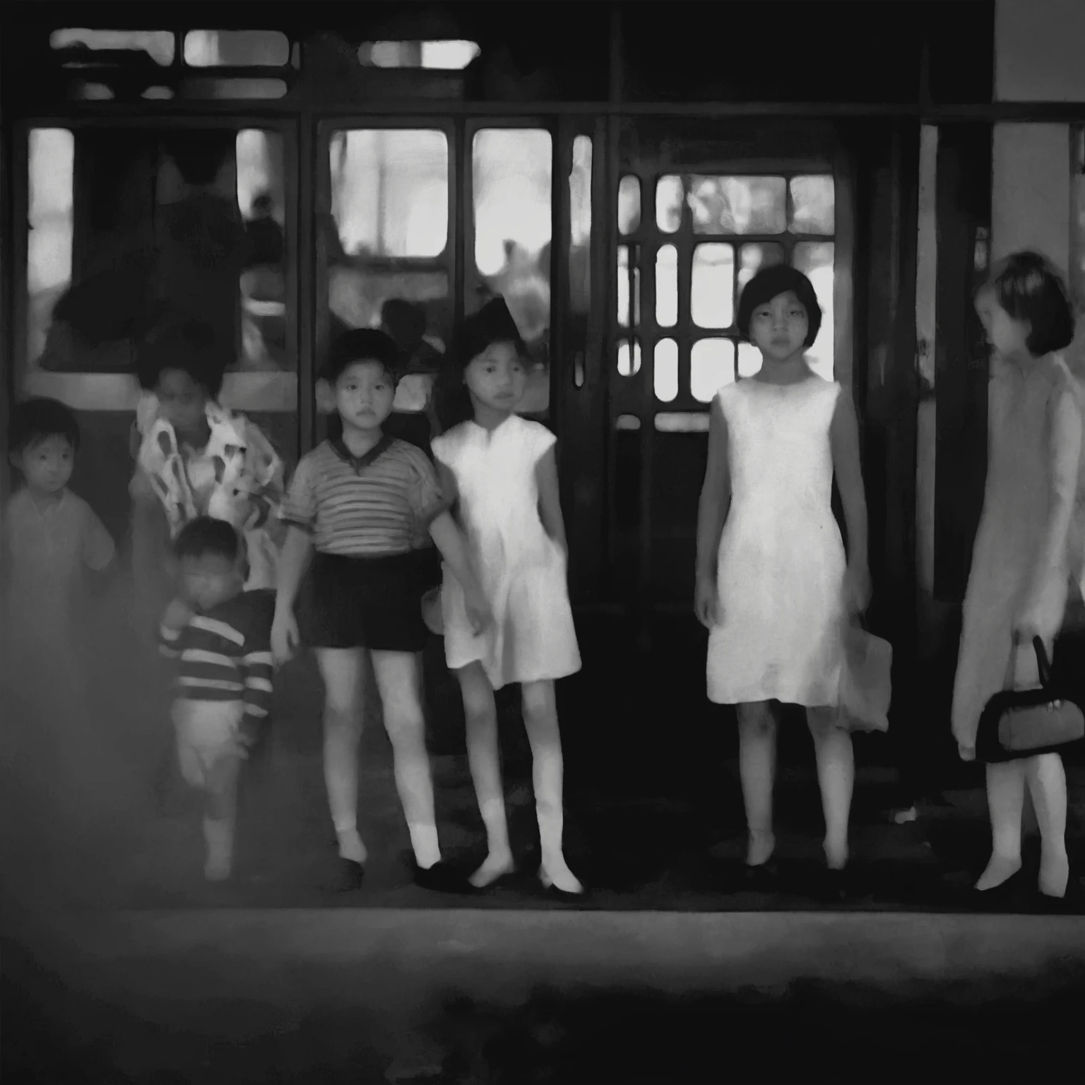 there are many people standing in front of a bus waiting, inspired by Diane Arbus, grainy black and white footage, inspired by Sergio Larraín, inspired by Roy DeCarava, vintage footage on tokyo streets, inspired by Ruth Orkin, grainy vintage, children born as ghosts, inspired by Garry Winogrand, ghost children, by Albert Welti