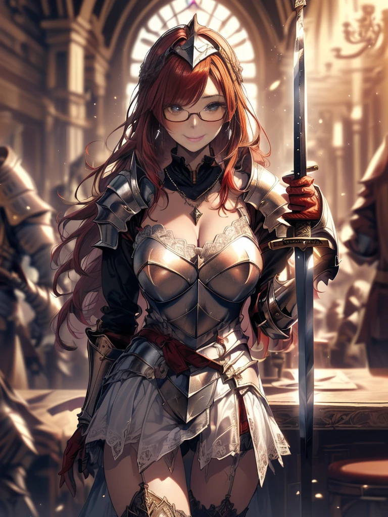 (Highest quality, masterpiece), (Ultra-high resolution, 8k RAW photos, Photorealistic:1.5, Cinema Lighting, Fabric Shading, Thin contours, Clear focus:1.2), Beautiful mature woman, Leaning forward, Long legs, Red hair:1.3, (Wearing thin glasses:1.5), (Mature Woman:1.5, 28 years old, alone), (1 female:1.6), (Large Breasts, Saggy breasts, big , Tight waist), whole bodyesbian, (very short hair:1.8, Red hair:1.3, ), (thin and bright pupils, Highlighted, detailed eyes:1.3, A face with attention to detail, perfect face shape, Bloodshot eyes), (A seductive smile, Half-close your eyes:1.2), (Looking at the audience:1.3), (Dutch Angle, whole body:0.5, From below:1.5), ((Correct Anatomy:1.5, The right move)), (Ideal body proportions),(((Fluttering lace flared mini skirt, Sexy silver armor with attention to detail:1.5、red and black boots、Silver Helmet、Silver Gauntlets、Jeweled、Gold decoration)))、Slender、(Thighs Thighs Thighs Thighs:0.8)、(At the bar、Artistic stained glass、Hello Point、Mysterious、Particles of light、Solemn、Nikko is、colorful、Fantastic:1.2)、(Fantastic:1.3)、(Female knight with sword:1.8)、Cross Necklace:1.2, (Dynamic pose),multiple views:1.3、Asahi:1.2