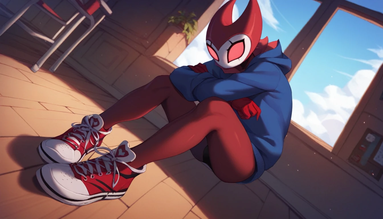 score_9, score_8_up, score_7_up, score_6_up, zPDXL2, grimm \(hollow knight\), vampire, bat, 1boy, solo, cute face, detailed eyes, anthro, blue large hoodie, red sports gloves, sneakers, near the window, landscape, looking at viewer, angle from below, arms crossed, clean floor. 