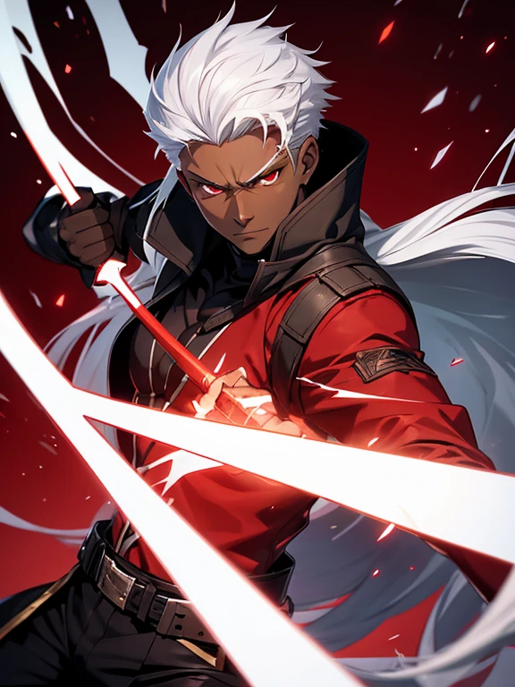 The counterguard archer Emiya with dark skin and white hair., He has red eyes and a black jacket that shows his navel, He is muscular and has red powers. He is in a fighting position with his fists closed..