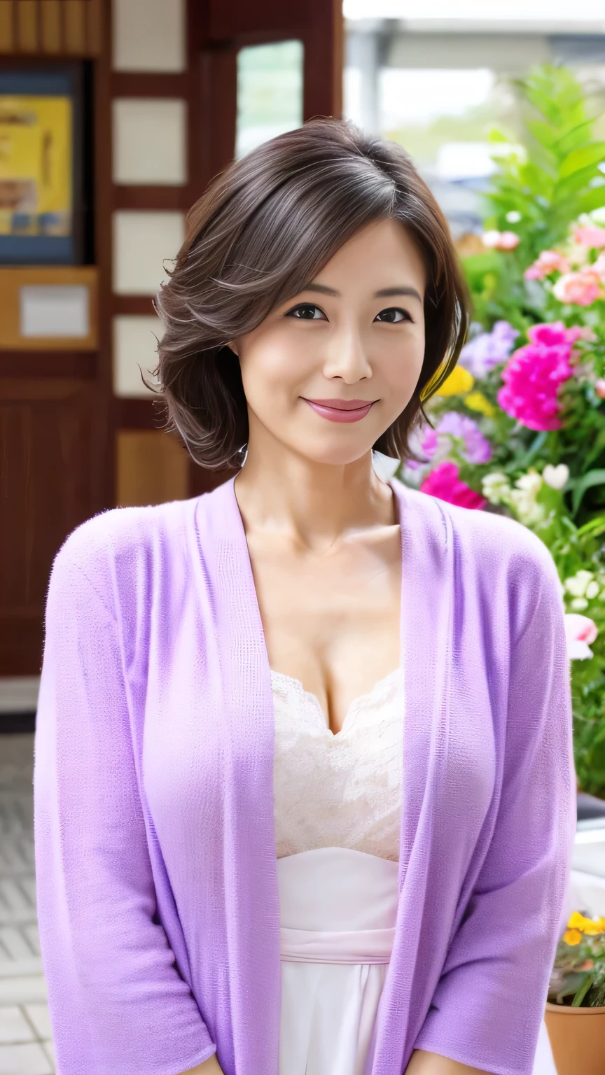 born, Highest quality, High resolution, (masterpiece: 1.3), Body Shot, Cute Japanese women, masterpiece, Curved body, Big Breasts, Cute face, Light Skin, Fair skin, Cute eyes, Elegant smile, Light makeup, stand in front of a flower shop, Feminine gestures, Elegant expression, Viewers facing towards each other, Focus on your audience, Wearing a white dress, Pretty dress, Wearing a lilac cardigan, Perfect cardigan, CuteBeautiful pastel colors, Beautiful pastel colors, at noon, Great lighting, Great sunlight, Bright colors, Ultra-realistic clean lines, Very realistic、Japanese、40 years old、A sparkling smile、E cup breasts、Hide your fingers、Emphasize the chest、Cleavage、Disheveled clothing
