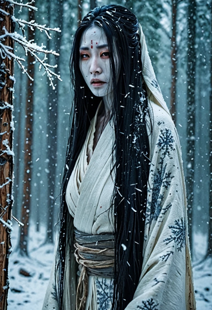 Create a realistic and haunting image of Yuki-onna, the snow woman from Japanese folklore. She should appear as a beautiful yet terrifying figure with long, flowing black hair and a pale, almost translucent complexion. Her eyes should be cold and piercing, giving off an eerie glow. Dress her in a tattered, ancient white kimono, slightly covered in frost. The background should be a dark, snowy forest with tall, shadowy pine trees and a thick blanket of snow. Snowflakes should be falling around her, adding to the chilling atmosphere. The overall scene should evoke a sense of dread and supernatural menace.