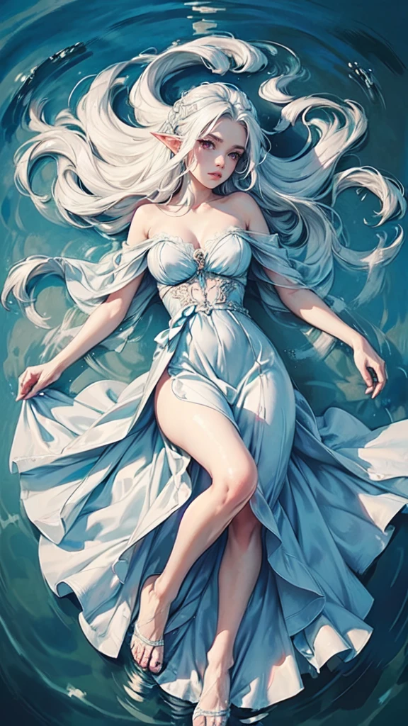 (bestquality, masterpiece), (An elegant mature woman , 1girl , solo, "Sky Blue Dress", lying on the water , looking at the audience, "White Hair",long-haired,red eyes, closed mouth , Full body), ( bubbles Back),detailed hands, detailed eyes, detailed face,colors, elf woman