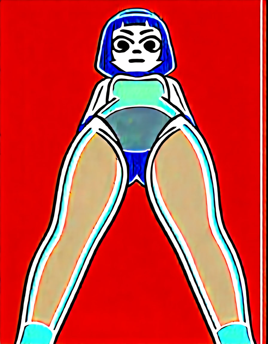 ((1girl, solo)) miko kubota from glitch techs, long hair, blunt bangs, (blue hair with pink highlights), ((, curvy, voluptuous, thick legs, thick thighs, wide hips, small breasts,)),((80's aerobic leotard, lime green leotard, pink leggings, loose socks, sneakers, purple wristbands, cameltoe)), standing, hands on hips,((wetting self, pee stains, puddle)), gym background, closed mouth, smile, bedroom eyes, purple eyeshadow, seen from bellow, dynamic angle,scttp