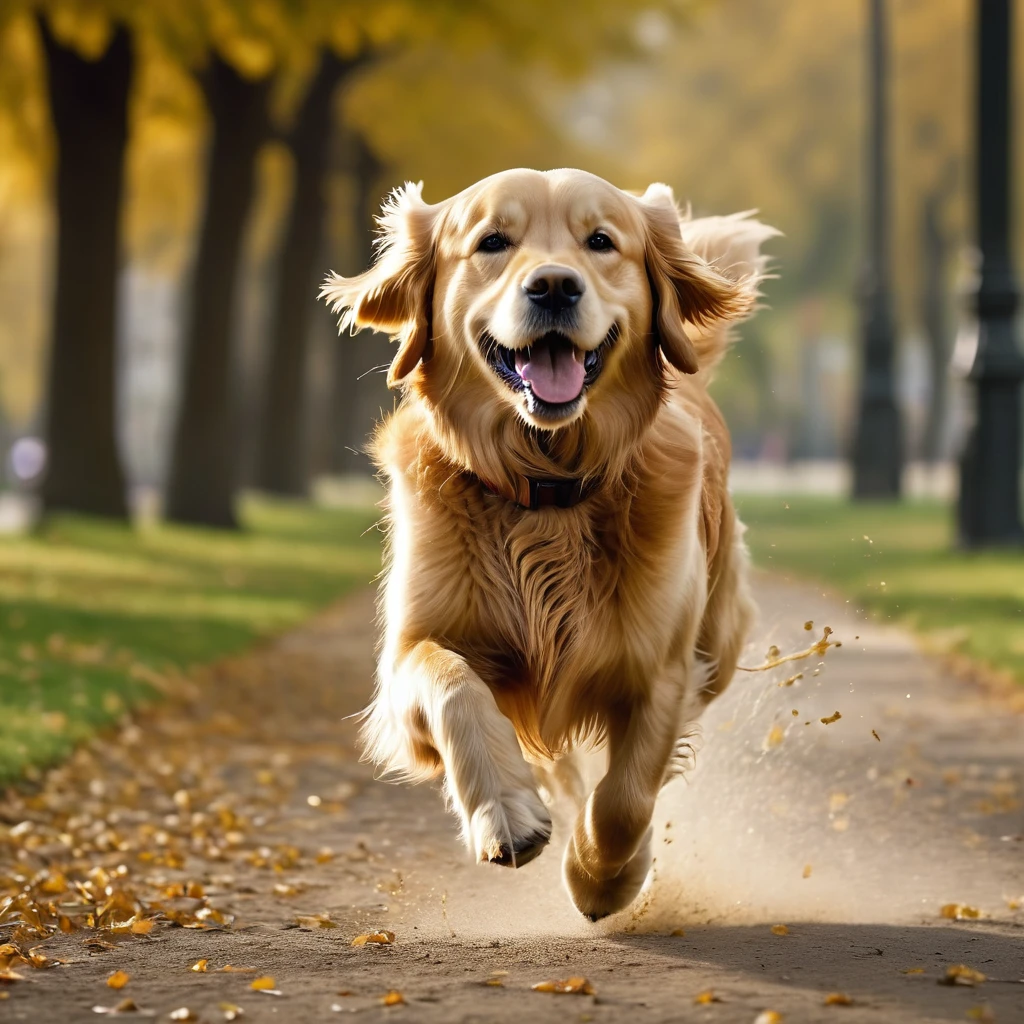 masterpiece, ultra realistic, UHD, 4k, a picture of a golden retriever running in a park. sharp focus, blurred background, dramatic lightning
