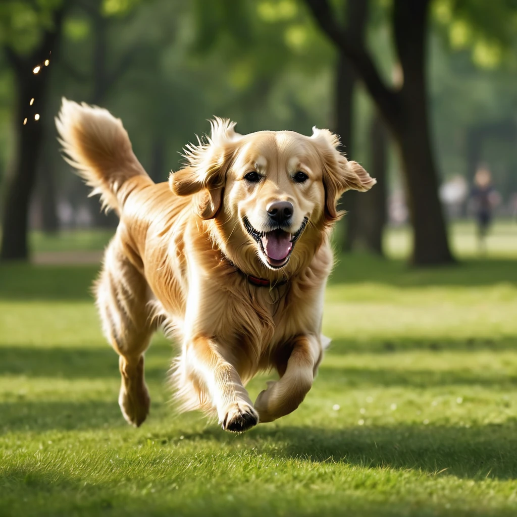 masterpiece, ultra realistic, UHD, 4k, a picture of a golden retriever running in a park. sharp focus, blurred background, dramatic lightning
