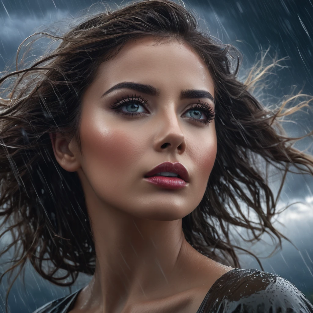 a woman in the hurricane, beautiful detailed eyes, beautiful detailed lips, extremely detailed eyes and face, long eyelashes, windswept hair, dramatic storm clouds, rain and lightning, powerful wind effects, cinematic lighting, photorealistic, 8k, highly detailed, intricate details, dramatic atmosphere, moody color palette, deep chiaroscuro, masterpiece, cinematic composition, emotional expression, powerful storytelling