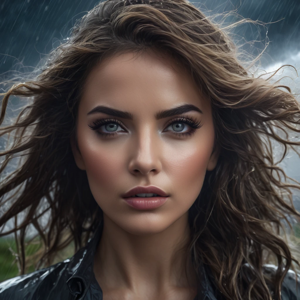 a woman in the hurricane, beautiful detailed eyes, beautiful detailed lips, extremely detailed eyes and face, long eyelashes, windswept hair, dramatic storm clouds, rain and lightning, powerful wind effects, cinematic lighting, photorealistic, 8k, highly detailed, intricate details, dramatic atmosphere, moody color palette, deep chiaroscuro, masterpiece, cinematic composition, emotional expression, powerful storytelling