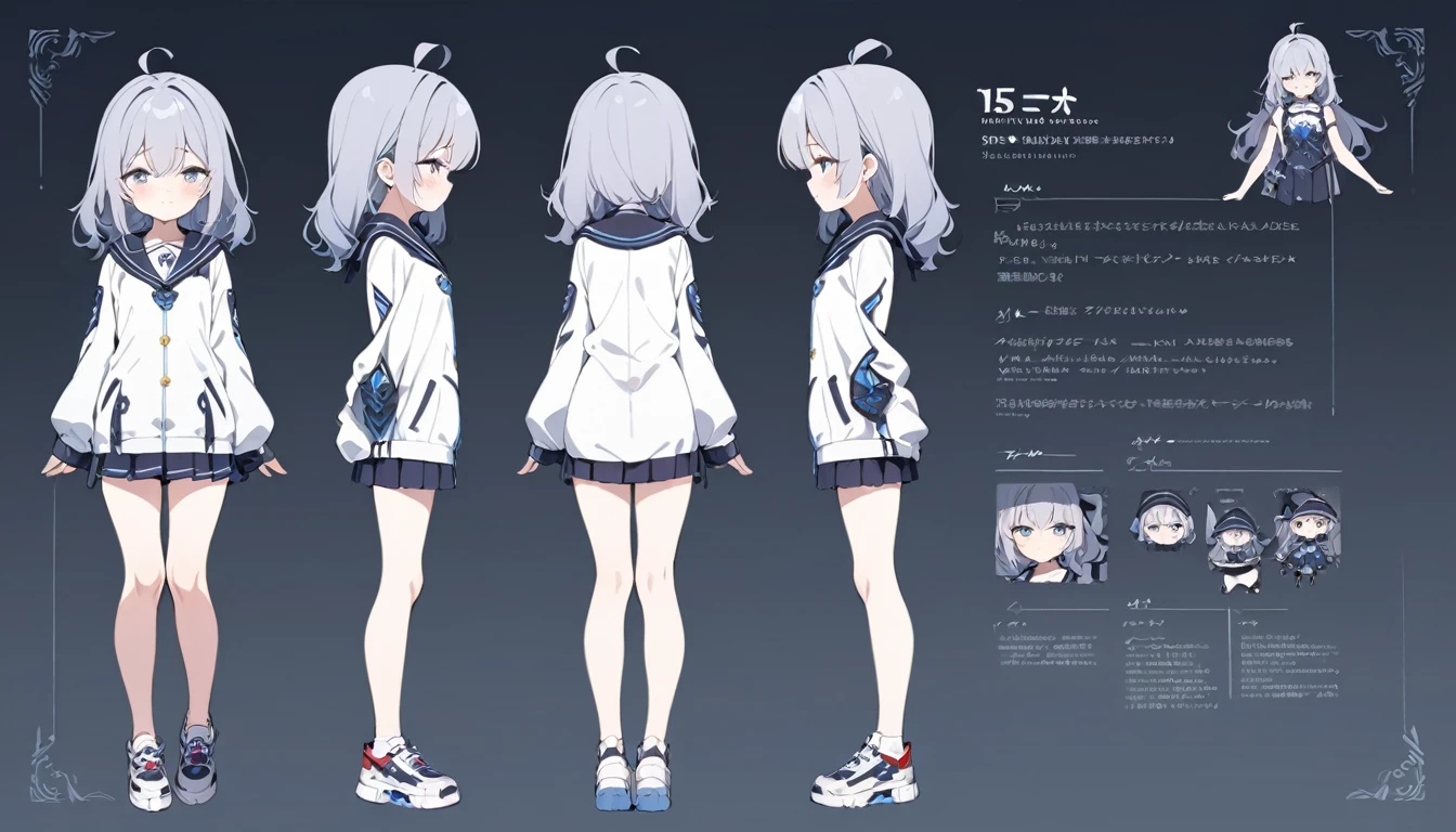 (best quality, masterpiece), 1girl, 15 yo,cute, standing girl, three view drawing, front and back and side, character sheet,full body,simple background,