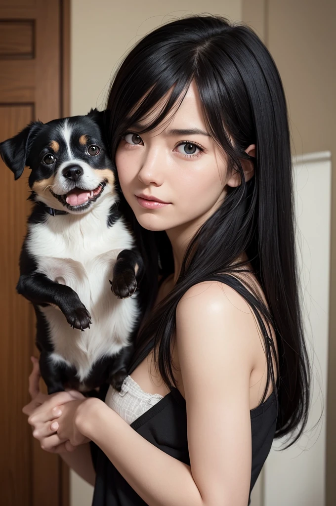 I want a photo of an emotion from the pixar movie. and one with long black hair, white skin and she is holding a little dog