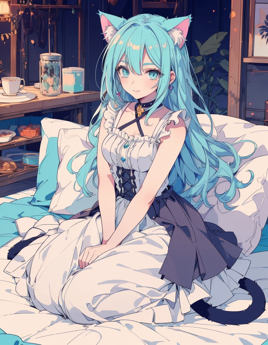 furrowed brow, mole under eye, light smile, full body, ((masterpiece, best quality:1.5)), ((Beautiful detailed cat aqua eyes:1.2)), cat ears, pale skin, medium breasts, beautiful hands, beautiful fingers, EasyNegative