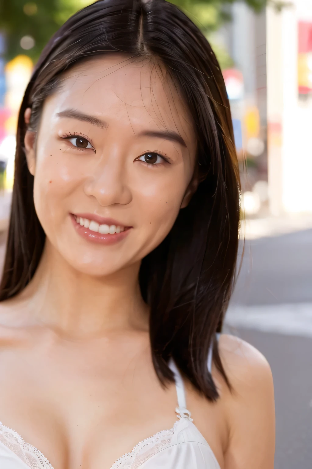 ((highest quality、8K resolution、master masterpiece、portrait:1.3)), Photoreal, 35mm film, 1 Japanese female, Upper body、on the street during the day,tassel 、 wrinkles around the eyes, plump body、smile,((white bra_panties:1.3)) , (outdoor:city street 1.3), jumbled background,look at the audience,Tokyo cityscape:1.3,smile