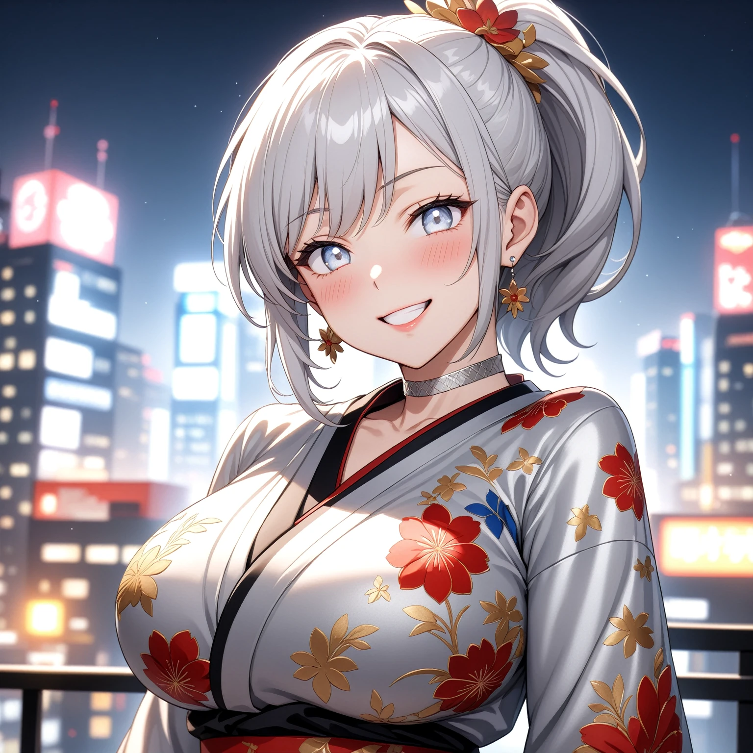 ((One personの女性)), Beautiful Face, Laughing embarrassedly, (laugh:1.2),((Wink:1.9)), (head tilt:1.3), Laugh with your mouth wide open, upper teeth, looking at viewer, ((full-face blush:1.6)),Glossy Red Lips, night, Skyscraper rooftop, firework, Glossy red lips, Shining Face, ((Anime style background)),masterpiece, Highest quality, so beautiful,up to date, Complex details, (Pink long nails),(ring),(bracelet),(Floral choker),AI-generated, Complex,High resolution, Highest quality, super high quality,3D Images、3D Images, One person, Long white hair, High Ponytail, Anime woman posing for a photo, (blue eyes), ((Fine grain、Silvery white, lightly pigmented eyes、Shining Eyes:1.5)), (Squint your eyes:1.1),a hyperRealistic , hyperRealistic , Realistic,Anime woman with long white hair, Smooth anime CG art, (A woman in a colorful kimono with gold embroidery), ((Black long sleeve kimono)),(Red floral pattern),Long flower hair ornament,Earrings,Mature Body,(Big Breasts:1.1),Tall,Abdominal muscles,Tight waist,(face focus:1.2), (front view),