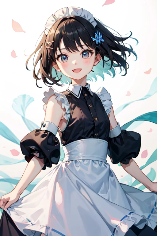Highest quality、whole body、Black Hair、Iris、short hair、girl、cute、16 years old、、Small hair ornament、Maid clothes、Long skirt、Fluttering in the wind、A very happy look、