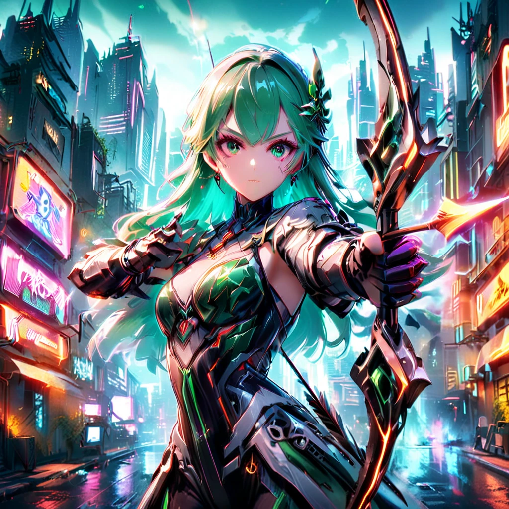 Art jade doll，An anime girl with flowing emerald green hair，She&#39;s dressed in sleek black mech gear，In the background of the futuristic cyberpunk city。She was armed with a bow and arrow，A determined expression，Surrounded by neon lights、Cityscape with vivid colors and dramatic lighting，The overall style is full of charm and energy。
(cyberpunk:1.3) (mecha aesthetic:1.2) (anime girl:1.4), (flowing emerald green hair:1.2), (sleek black mecha armor:1.2), (futuristic cyberpunk cityscape:1.3), (high-angle shot:1.2), (gripping bow and arrow:1.3), (determined expression:1.2), (neon lights:1.3), (vivid colors:1.2), (dramatic lighting:1.2), (Konachan-style:1.1), (4K wallpaper:1.2), (captivating energy:1.2)