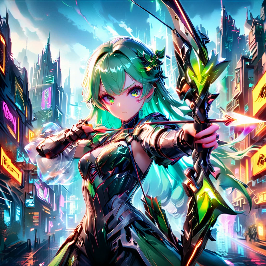 Art jade doll，An anime girl with flowing emerald green hair，She&#39;s dressed in sleek black mech gear，In the background of the futuristic cyberpunk city。She was armed with a bow and arrow，A determined expression，Surrounded by neon lights、Cityscape with vivid colors and dramatic lighting，The overall style is full of charm and energy。
(cyberpunk:1.3) (mecha aesthetic:1.2) (anime girl:1.4), (flowing emerald green hair:1.2), (sleek black mecha armor:1.2), (futuristic cyberpunk cityscape:1.3), (high-angle shot:1.2), (gripping bow and arrow:1.3), (determined expression:1.2), (neon lights:1.3), (vivid colors:1.2), (dramatic lighting:1.2), (Konachan-style:1.1), (4K wallpaper:1.2), (captivating energy:1.2)