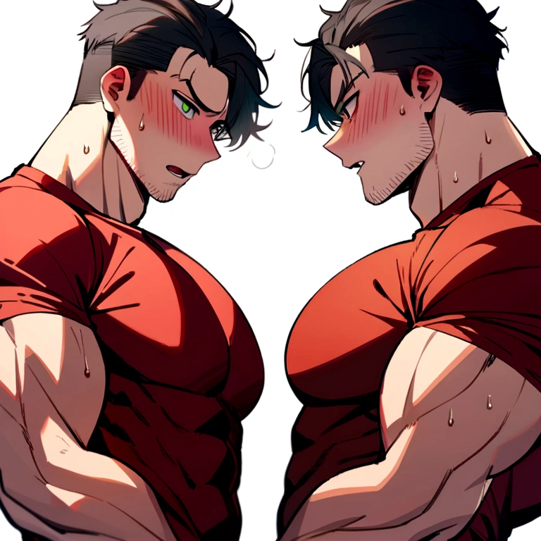 1muscular sportsman, male focus, red tight T-shirt, muscular male, muscular, white shorts, alone, look to the side, short hair, stubble, black hair, green eyes, White background, simple background, amazing quality, best aesthetics, Ridiculous, short hair, bright pupils, open lips, Sweat, Awkward, blush, best quality, big pecs