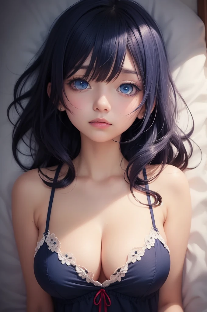 2d, sketch art, one anime woman, sad, dark blue hair, busty, medium breasts, cleavage, POV, close up, nightgown, (detailed eyes, beautiful eyes), ((blue eyes:1.2)), bedroom