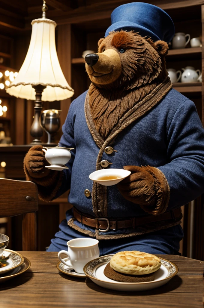 A dwarf bear having tea with a hat